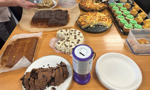 Bake sale table with a variety of cakes and a collection box