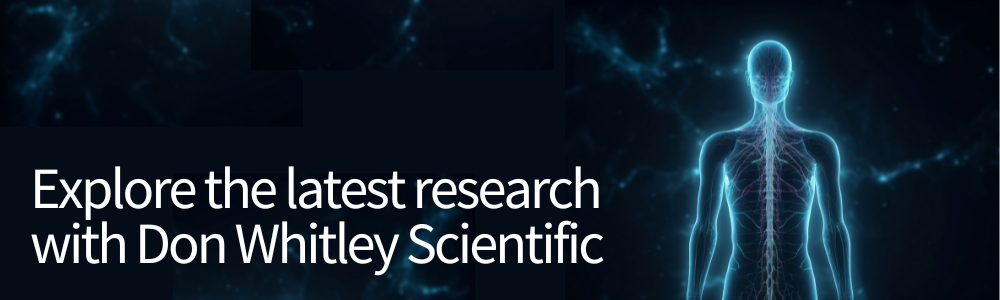 Futuristic looking human body graphic saying Explore the latest research with Don Whitley Scientific
