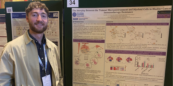 Fraser Child, PhD student and DWS Travel Grant awardee at the British Association for Cancer Research 65th Anniversary Conference with his research poster, ‘The Interplay Between the Tumour Microenvironment and Myeloid Cells in Bladder Cancer Immunotherapy Resistance’.